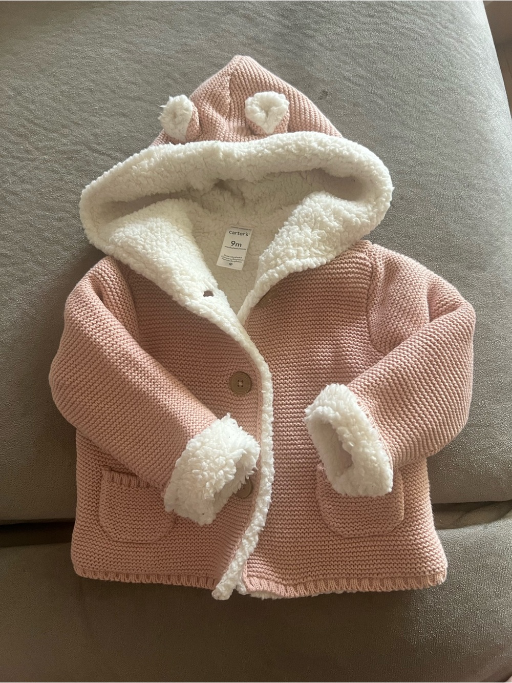 Carter's Blush Pink Knit Hooded Jacket with White Sherpa Trim